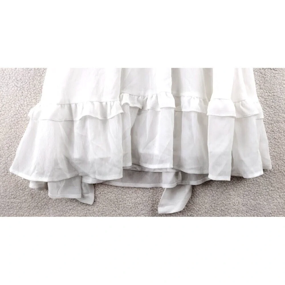Cottagecore Puff Sleeve Tie Front Ruffle Mini Dress Smocked Waist Womens S White